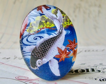 Magical koi fish, 40x30mm handmade glass oval cabochon, grey goldfish, large Asian fish, tattoo motif, blue background, koi pond