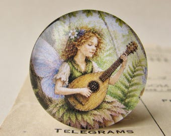 NEW! Forest fairy playing a lute, 25mm round glass cabochon, exclusive image, handmade in this shop, one inch, bottle cap size