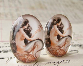 Pair of mermaids for earrings, vintage magazine cover from 1921, handmade glass oval cabochon from my Magical Maidens collection, 25x18mm
