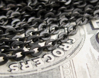 Delicate petite flat cable necklace chain (by the foot) bulk, soldered black brass links, 3x2mm, oxidized patina, made in the USA