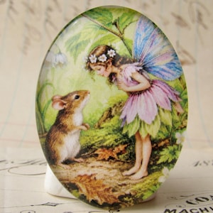 NEW! Forest fairy talking with a mouse, 40x30mm glass oval cabochon, exclusive to Fallen Angel Brass, handmade in this shop