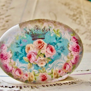 Pink Victorian roses on aqua blue handmade glass cabochon, 40x30mm or 25x18mm, sideways oval, horizontal image, floral, flower