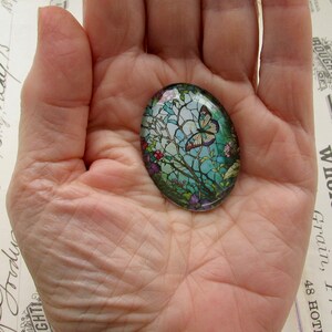 Stained glass butterfly garden handmade glass oval cabochon, 40x30mm, window, rebirth, renewal, flower, vine, winged insect, wings image 2