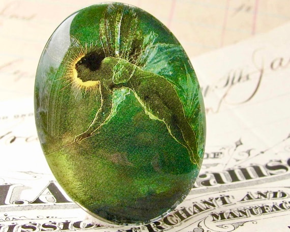From 1879, glass oval cabochon "Absinthe Fairy" artisan crafted stone, 40x30mm or 25x18mm emerald green fairy