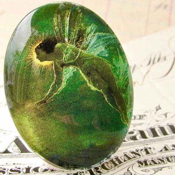 From 1879, glass oval cabochon "Absinthe Fairy" artisan crafted stone, 40x30mm or 25x18mm emerald green fairy, mystical magical, magic