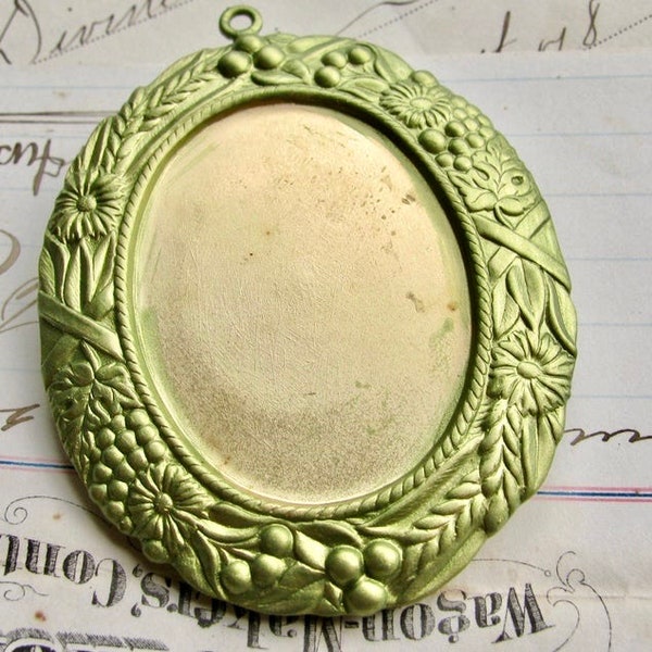 Art Nouveau oval cabochon frame 40x30mm, Absinthe finish, floral setting, flowers, green patina pendant tray