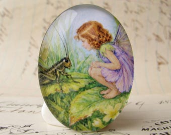 Forest fairy talking with a cricket, 40x30mm glass oval cabochon, exclusive to Fallen Angel Brass, handmade in this shop