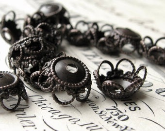 Gilded Age 10mm bead cap, filigree flower, scalloped petals, black antiqued brass (6 bead caps) oxidized patina, nickel free, made in USA