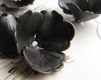 Fully bloomed black pansy, 30mm large bead cap, black antiqued brass (2 bead caps) oxidized patina