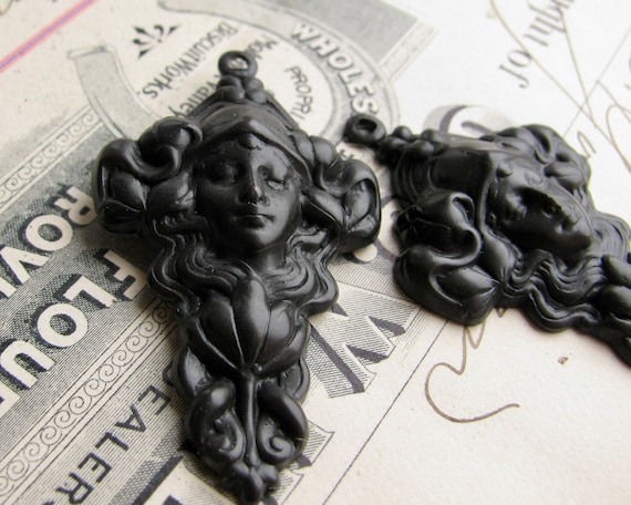 Persephone Queen of the Underworld black antiqued brass pendant, 42mm (2 pendants) oxidized metal finding, jewelry making, Greek goddess