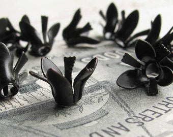 Carnation bead cap, delicate black flower petals stamen, antiqued brass (6 bead caps) black oxidized patina