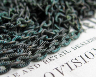 Verdigris textured pure brass chain, 4x3mm oval links, blue green patina over antiqued black, etched flat cable chain (1 foot) rustic patina