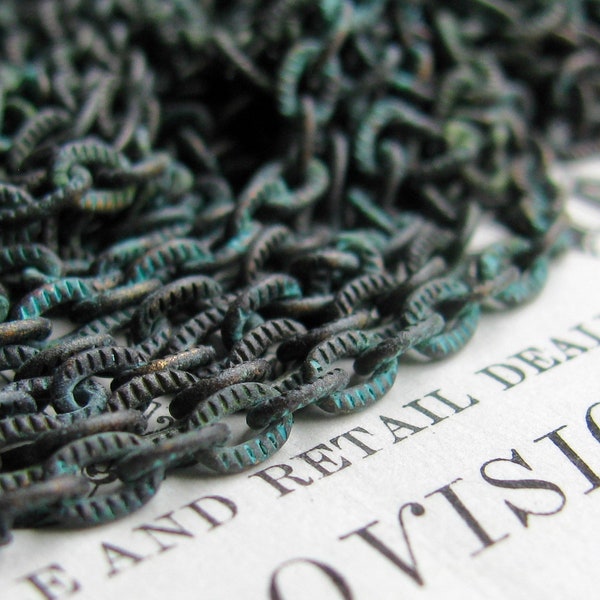 Verdigris textured pure brass chain, 4x3mm oval links, blue green patina over antiqued black, etched flat cable chain (1 foot) rustic patina