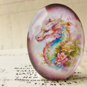 Colorful floral dragon, handmade 40x30mm glass oval cabochon, photo stone, creatures, flowers, fantasy, rainbow image 1