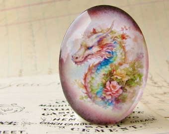 Colorful floral dragon, handmade 40x30mm glass oval cabochon, photo stone, creatures, flowers, fantasy, rainbow