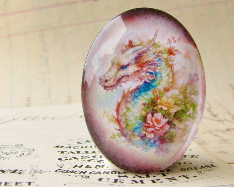Colorful floral dragon, handmade 40x30mm glass oval cabochon, photo stone, creatures, flowers, fantasy, rainbow image 1