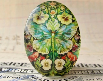 Colorful butterfly, 40x30mm handmade glass oval cabochon for pendant or jewelry making