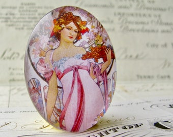 From 1899, Alphonse Mucha "Moet & Chandon" Art Nouveau woman, 40x30mm handmade glass oval cabochon, pastel pink, Edwardian Era, Gilded Age