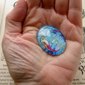 Seahorses stained glass window, glass oval cabochon, handmade in this shop, 40x30mm, photo image stone, sea, ocean, nautical, beach image 2