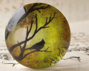 Bird silhouette in green, full moon, handmade glass oval cabochon, Mystic Moon, 25mm round, bottle cap size, photo glass