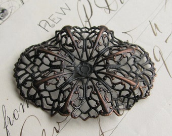 Rippled oval brass filigree - 35mm x 47mm - dark antiqued brass, aged black patina, pierced ornament, wrap wrapping