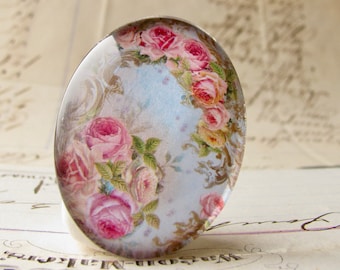 Pink roses against the blue sky, handmade glass oval cabochon, floral, flowers, 40x30mm or 25x18mm, photo glass image