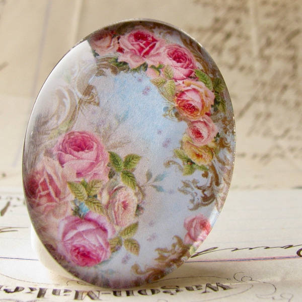 Pink roses against the blue sky, handmade glass oval cabochon, floral, flowers, 40x30mm or 25x18mm, photo glass image