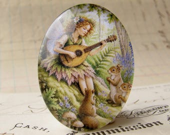 NEW! Forest fairy with a lyre, singing to animals , 40x30mm glass oval cabochon, exclusive to Fallen Angel Brass, handmade in this shop