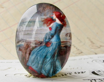 From 1916, John William Waterhouse "Miranda" (The Tempest) 40x30mm glass oval cabochon, artisan crafted, Art History, photo glass