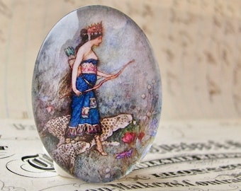 From 1912, Diana goddess of the hunt, illustration, 40x30mm glass oval cabochon, artisan crafted, Art History, leopard, huntress