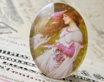 From 1903 John William Waterhouse "Windflowers" 40x30mm glass oval cabochon, artisan crafted in this shop, fine art cabochon, art history