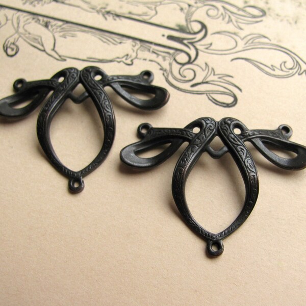 For Violets only - Art Nouveau Mucha necklace link jewelry finding, antiqued brass (2 triple connectors) curved, bowed reducer, black patina