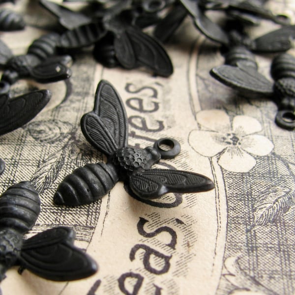 Busy Bee charms, black antiqued brass (6 charms) upturned wings, bee charm, flying, pollinator, honey bee in flight, 19mm wingspan