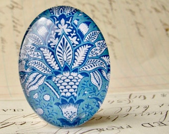 William Morris collection - blue flowers, 40x30mm or 25x18mm glass oval cabochon, wallpaper print, handmade in this shop, Art Nouveau