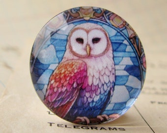 Stained glass window Snowy Owl, 25mm round glass cabochon, wisdom bird, handmade in this shop