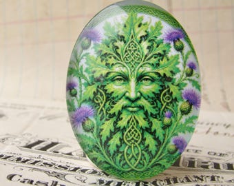 Celtic Green Man with purple Knapweed, 40x30mm glass oval cabochon, exclusive image, artisan crafted in this shop, pagan mythology