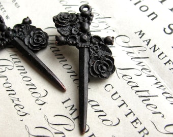 Rose dagger (2) 40mm rosary black Gothic cross pendants, antiqued black pewter, dark ages, Medieval weapon, Love tattoo, oxidized patina