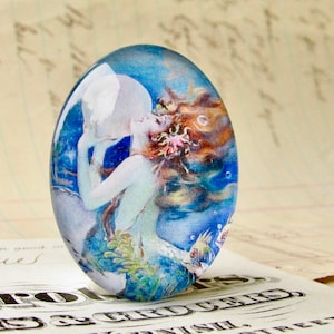 The Mermaid, handmade 25x18mm or 40x30mm glass oval, bubble mermaid cabochon, white, blue, woman, hair, female ferility