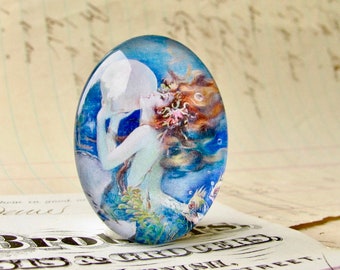 The Mermaid, handmade 25x18mm or 40x30mm glass oval, bubble mermaid cabochon, white, blue, woman, hair, female ferility