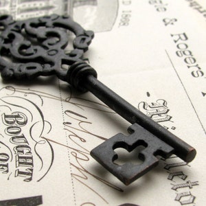 Large skeleton key pendant, antiqued black oxidized patina, aged pewter, two sided barrel shaft, Dark Academia