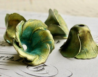 Blooming tulip bead cap, Absinthe finish, shimmering green patina with aqua highlights, brass flower (2 bead caps) made in the USA