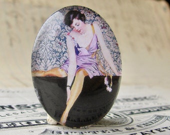 1920s vintage stocking ad, handmade 40x30mm or 25x18mm glass oval cabochon, flapper era, Jazz fashion, commercial illustration