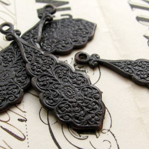 Ornate raindrops, black antiqued brass, 30mm long (4 teardrop charms) tear drop, oxidized aged patina, flowery design, etched