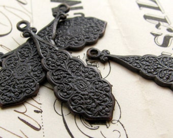 Ornate raindrops, black antiqued brass, 30mm long (4 teardrop charms) tear drop, oxidized aged patina, flowery design, etched