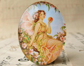 NEW! Peach Tree fairy, 40x30mm glass oval cabochon, exclusive to Fallen Angel Brass, handmade in this shop