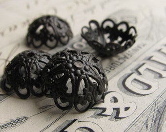 14mm domed, scalloped filigree bead cap - (4) dark antiqued brass bead caps, black bead caps, aged black patina - BC-SV-031