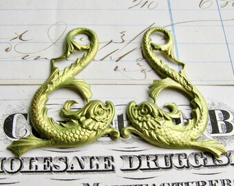 Absinthe magical koi fish pair, 45mm green patina brass pendant, left right (2 Asian dolphin drop) sea serpent