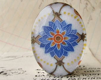 Art Nouveau ceramic tile image under glass, handmade 40x30mm oval cabochon, Belle Époque, blue orange diamond, square