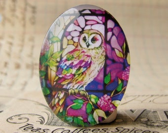 Stained glass window owl,  40x30mm glass oval cabochon, pink, green, wisdom bird, handmade in this shop, Beautiful Birds