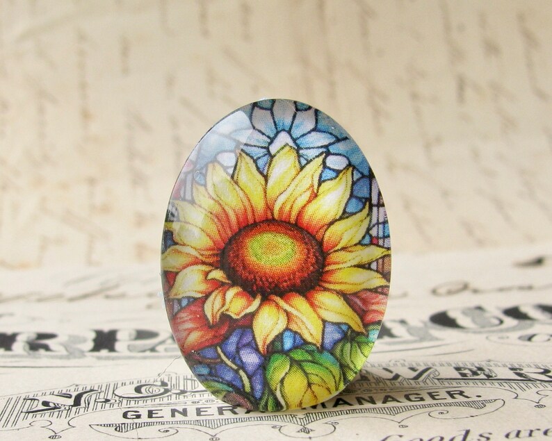 Sunflower cabochon, 25x18mm glass oval cabochon, handmade in this shop, floral, summer autumn flower image 1